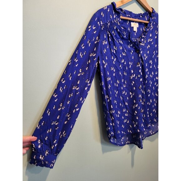 Maeve Anthropologie Blue Penguin Long Sleeve Button Up Top Ruffles Sz 6 Novelty - Picture 3 of 7
